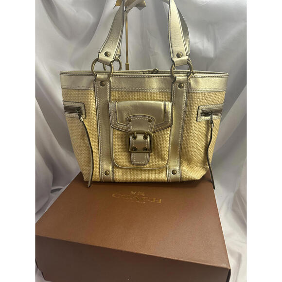 Coach Vintage Legacy Straw and Gold Leather Satchel Handbag - Picture 14 of 14
